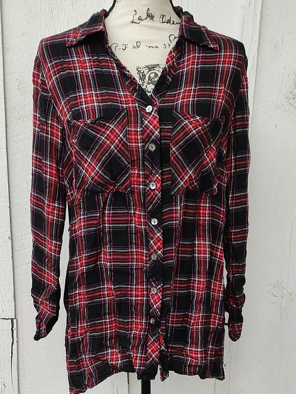 Ruby Rd. Black & Red Plaid Button-Down Shirt, Medium 90s Grunge Plaid 100% Rayon